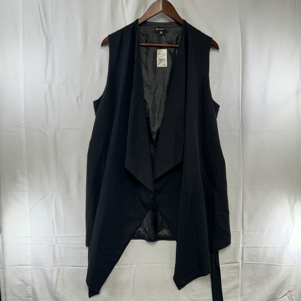 Versona Draped Open Front‎ Vest Womens L Black Tie Waist Waterfall Sleeveless
